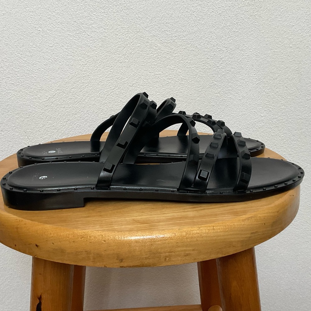 Shade and Shore Black Studded Strappy Slip On Sandals Size 10 Summer Neutral